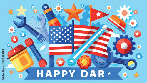 Colorful fireworks and american flags celebrating happy fourth of july with stars Vector