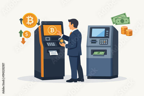 Professional businessman using a modern Bitcoin ATM to exchange cryptocurrency next to a traditional cash dispenser, featuring digital currency icons, money, and financial technology concept.