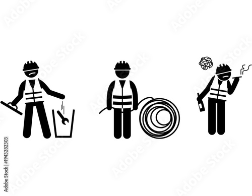 Stick figures illustrating workplace safety and unsafe practices, showing a worker cleaning, another handling equipment, and a third drinking and smoking on the job.