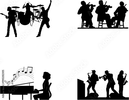 Silhouettes of various musical ensembles including a rock band, string quartet, pianist, and jazz band performing.