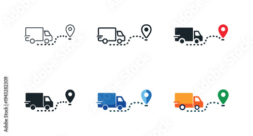 Shipment tracking icon showing a delivery truck with a location pin and dotted route line, symbolizing package tracking,