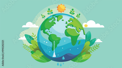 Vibrant illustration of a globe with green leaves and a sun symbolizing sustainability Vector