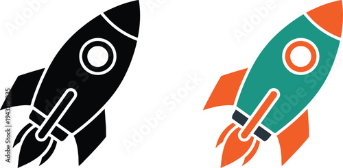 Two cartoon rockets in contrasting colors flying upwards