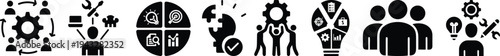 Business teamwork icons. Work group. Team building. Partnership. Team working. Alliance. Human resources. Co-worker. Collaboration. Editable stroke. Vector illustration