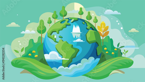 A vibrant illustration of the earth surrounded by green leaves and a tree. Vector