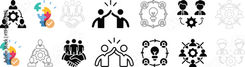 Business teamwork icons. Work group. Team building. Partnership. Team working. Alliance. Human resources. Co-worker. Collaboration. Editable stroke. Vector illustration