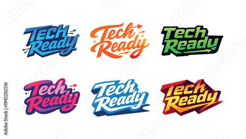 Tech Ready Logos. Seasonal holiday banner with promotional slogan presenting modern lettering logo set for Tech Ready,