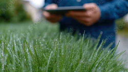 Techniker überprüft Rasensprengeranlage auf einem Tablet inmitten nassen Grases