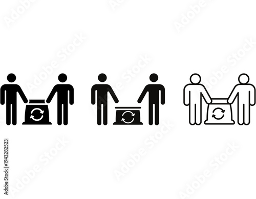 Vector icon set showing two individuals with a recycling container, representing waste management and environmental responsibility.