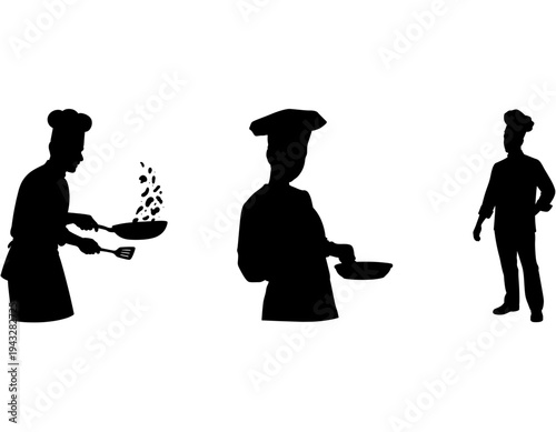 Three black silhouettes of chefs in various cooking poses, including tossing food and holding a pan.