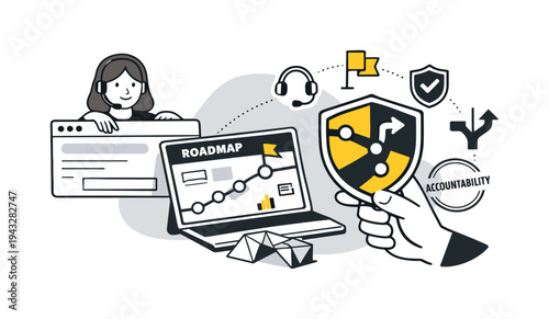 Modern minimal flat vector conceptual collage, crisp hard edges, consistent THIN outline stroke, rounded corners where needed,