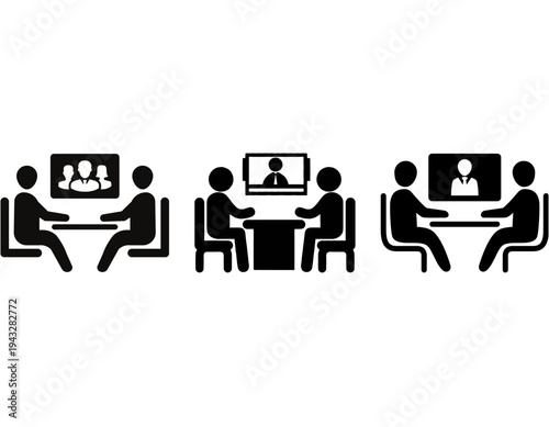 Black and white vector icons depicting various remote and hybrid business meetings or job interviews with people sitting at tables facing screens.