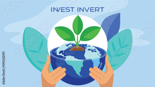 A vibrant illustration of a hand holding a plant with coins representing investment growth Vector
