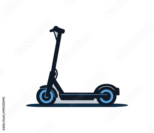 Modern electric scooter with blue accents on a minimalist gray background, clean design