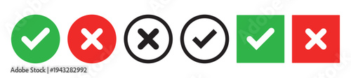 Sharp green checkmark and red cross on isolated white background vector symbol for right and wrong choices. Modern flat design, Checkmark icon set. Checkmark right symbol tick sign