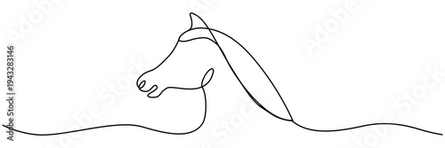 Minimalist horse head illustration with flowing continuous line technique. Abstract one line sketch captures elegant equine portrait in simple design.