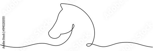 Continuous line drawing of horse head. Elegant one line art animal portrait in minimalist style. Vector illustration isolated on white background.