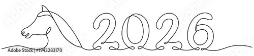 Elegant horse head sketch in single continuous line technique. Minimalist black drawing ideal for 2026 calendar. Vector illustration isolated on white.
