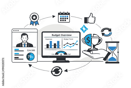 Modern minimal flat vector conceptual collage, crisp hard edges, consistent THIN outline stroke, rounded corners where needed,