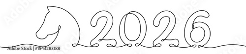 Continuous line drawing of horse head in minimalist style. Abstract one line art illustration perfect for 2026 Year of the Horse design and modern decor.