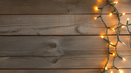 Warm string lights on rustic wooden background