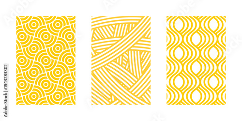Set of vertical posters with pasta, ramen, macaroni or noodle patterns for traditional Italian or Japanese restaurant or cafe decoration. Backgrounds with circular and curvy intersecting yellow lines.