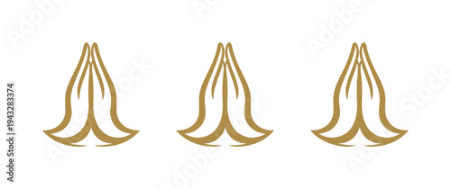 Three golden praying hands symbols arranged in a row on a white background