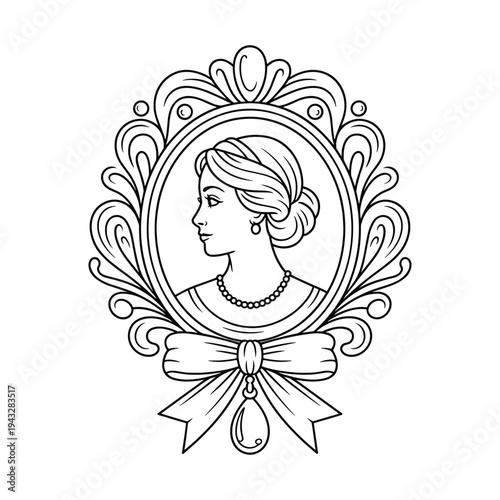 Elegant vintage cameo portrait of a woman in ornate oval frame with bow and pendant isolated on transparent background