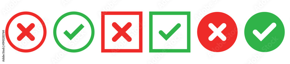 Fototapeta premium Sharp green checkmark and red cross on isolated white background vector symbol for right and wrong choices. Modern flat design, Checkmark icon set. Checkmark right symbol tick sign