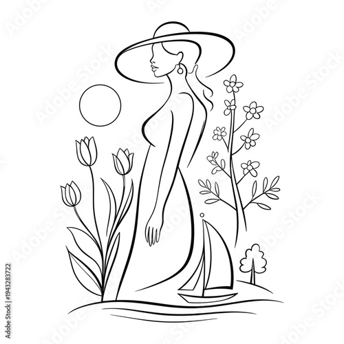 Elegant woman wearing a wide brim hat surrounded by blooming tulips and flowers with a sailboat on water under a circular sun