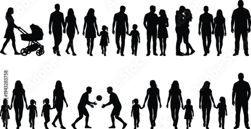 Big collection of black family silhouettes, including parents walking with stroller, couples hugging, and children playing, isolated on white background.
