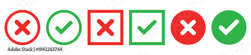 Sharp green checkmark and red cross on isolated white background vector symbol for right and wrong choices. Modern flat design, Checkmark icon set. Checkmark right symbol tick sign
