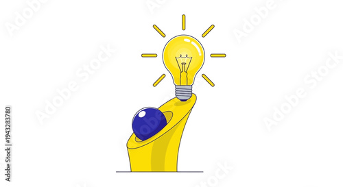 Minimalist illustration of a hand holding a glowing light bulb with a blue sphere, symbolizing a bright idea and innovation on an isolated white background.