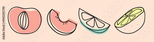Illustration of fruit slices: peach, watermelon, lemon, and lime. Minimalist fruit design with pastel colors. Simple fruit art with clean lines. Summer illustrations, isolated element vector set.