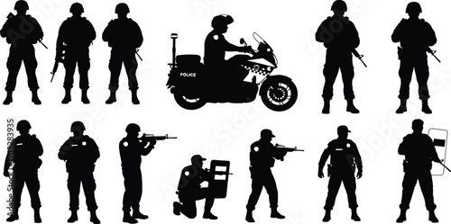 Black silhouettes of police officers, tactical swat teams with rifles, motorcycle cop, and riot police with shields, isolated on white.