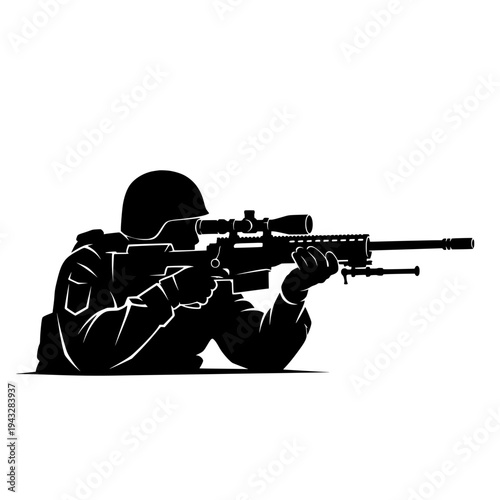 Military Sniper Soldier Silhouette Aiming With Rifle