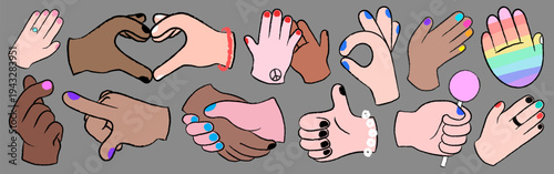 Illustration of diverse hands with various skin tones and nail colors. Hands making gestures, holding objects, and forming shapes. Diversity and expression. Cute vector element set.