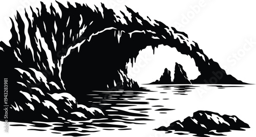 Ocean Cave Silhouette with Coastal Island View, Dramatic Seascape Nature Illustration.