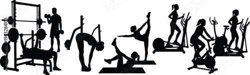 WebCollection of black fitness silhouettes including people weightlifting, yoga poses, cycling, running, and using gym equipment, isolated on white background.