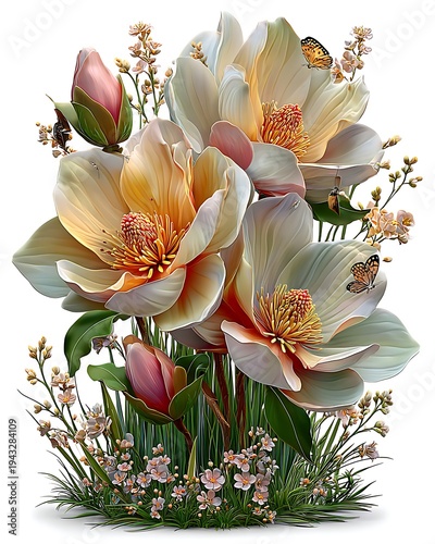 Elegant magnolia flowers botanical illustration with butterflies high resolution picture