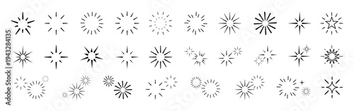Collection of various starburst and sparkle icons in black and white. Different styles of starburst designs. Perfect for adding sparkle to designs. Sparkles element vector set.