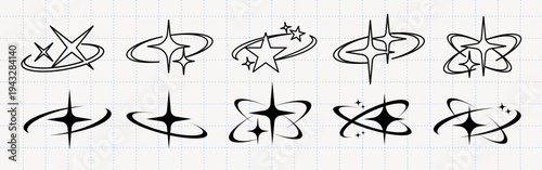 Collection of star and orbit designs. Stars and orbits in various styles. Star motifs with orbit patterns. Diverse star and orbit illustrations. Element vector collection.