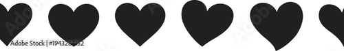 A Row of Black Heart Silhouettes on a White Background Keywords: heart, love, symbol, shape, valentine, romance, emotion