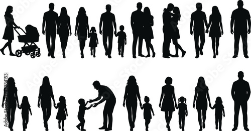 WebLarge collection of black family silhouettes featuring parents with stroller, walking couples, children playing, and mother holding hands with daughter.