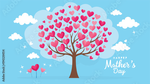 A vibrant tree adorned with pink hearts and surrounded by fluffy clouds in a blue sky Vector