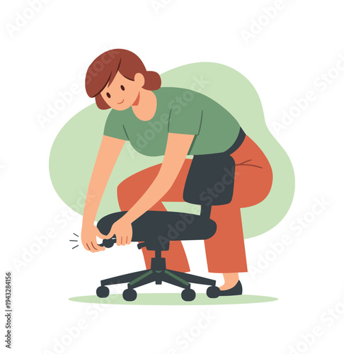 Inside person adjusts a desk chair, arms reaching down, mechanism clicking once, balance achieved. | desk chair, adjusting chair,