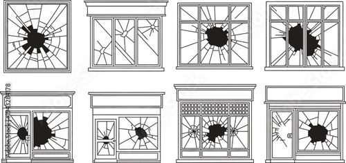 Set of broken windows with shattered glass patterns and impact holes vector line art for concepts of damage vandalism and urban issues
