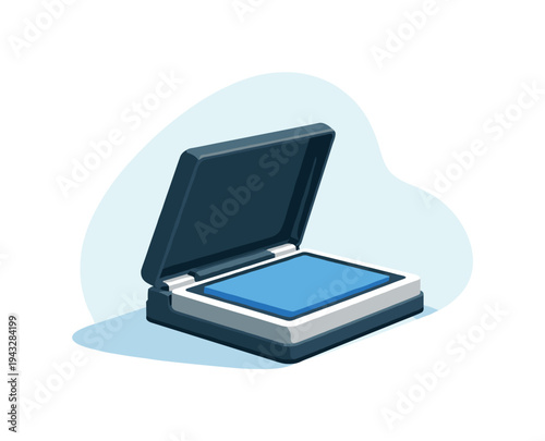Modern flat design illustration of an open scanner with a bright blue scanning bed