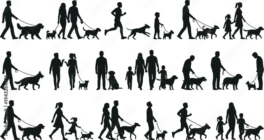 Εκτύπωση καμβά Large collection of black silhouettes featuring people, families, and children walking dogs on leashes, running with pets, isolated on white