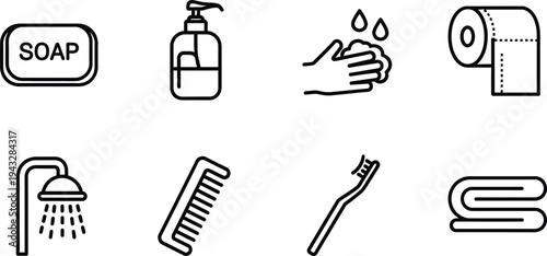 Icon set for bathroom essentials and hygiene products